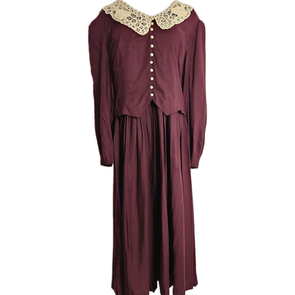 Vintage Plaza South Plus 20W Burgundy Prairie Midi Dress Lace Collar Cottagecore